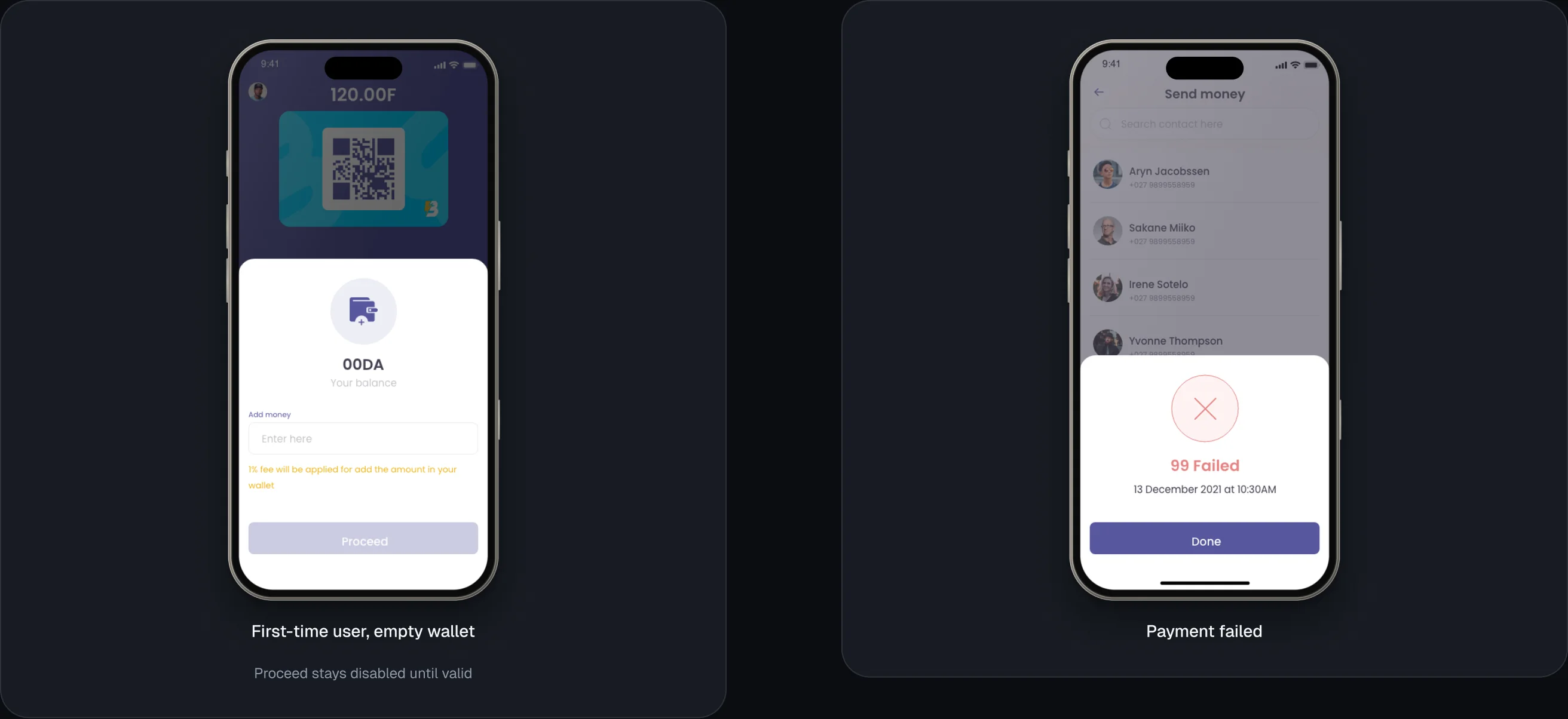 Edge-case screens: empty wallet and payment failed.
