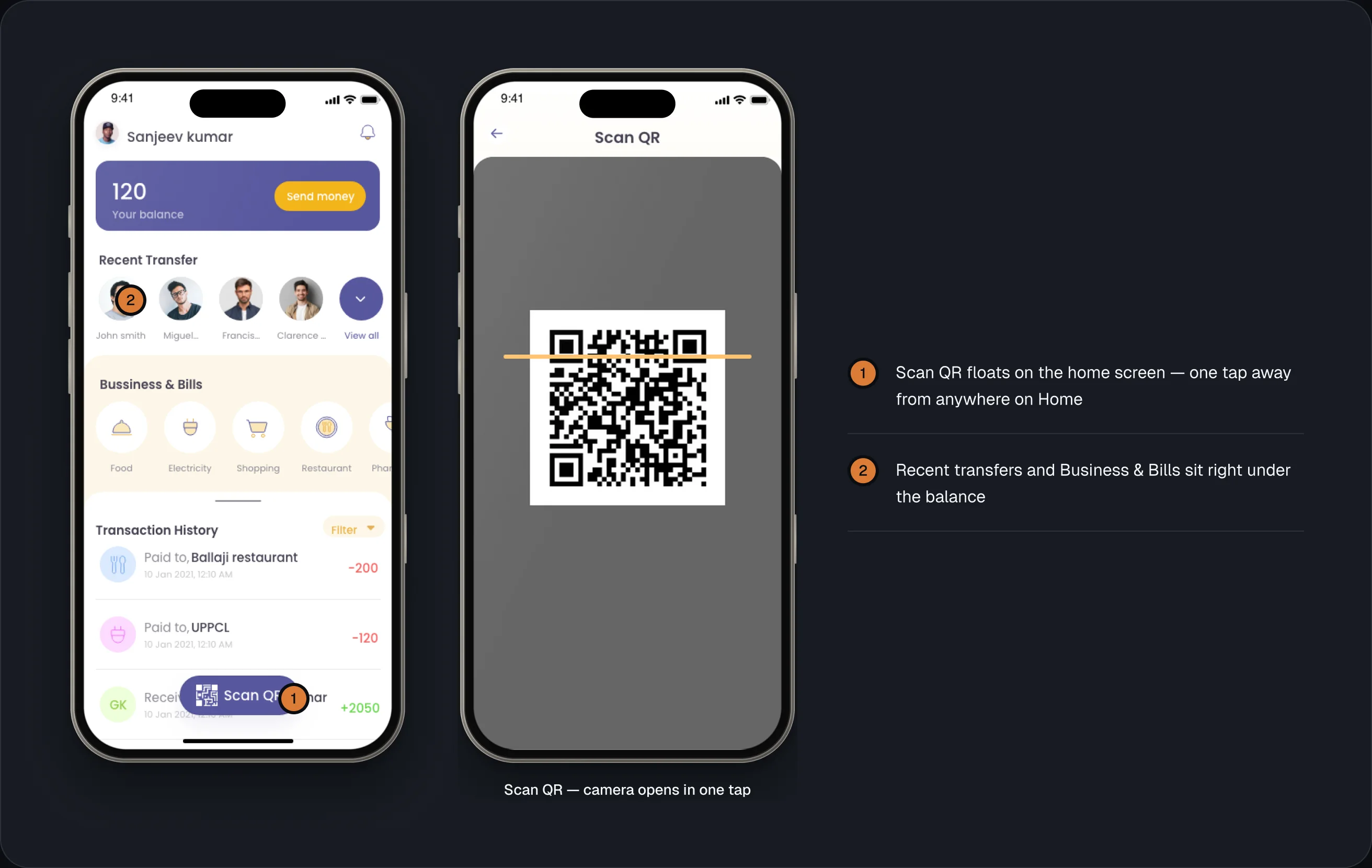 Home screen with the floating Scan QR button, and the camera that opens in one tap.