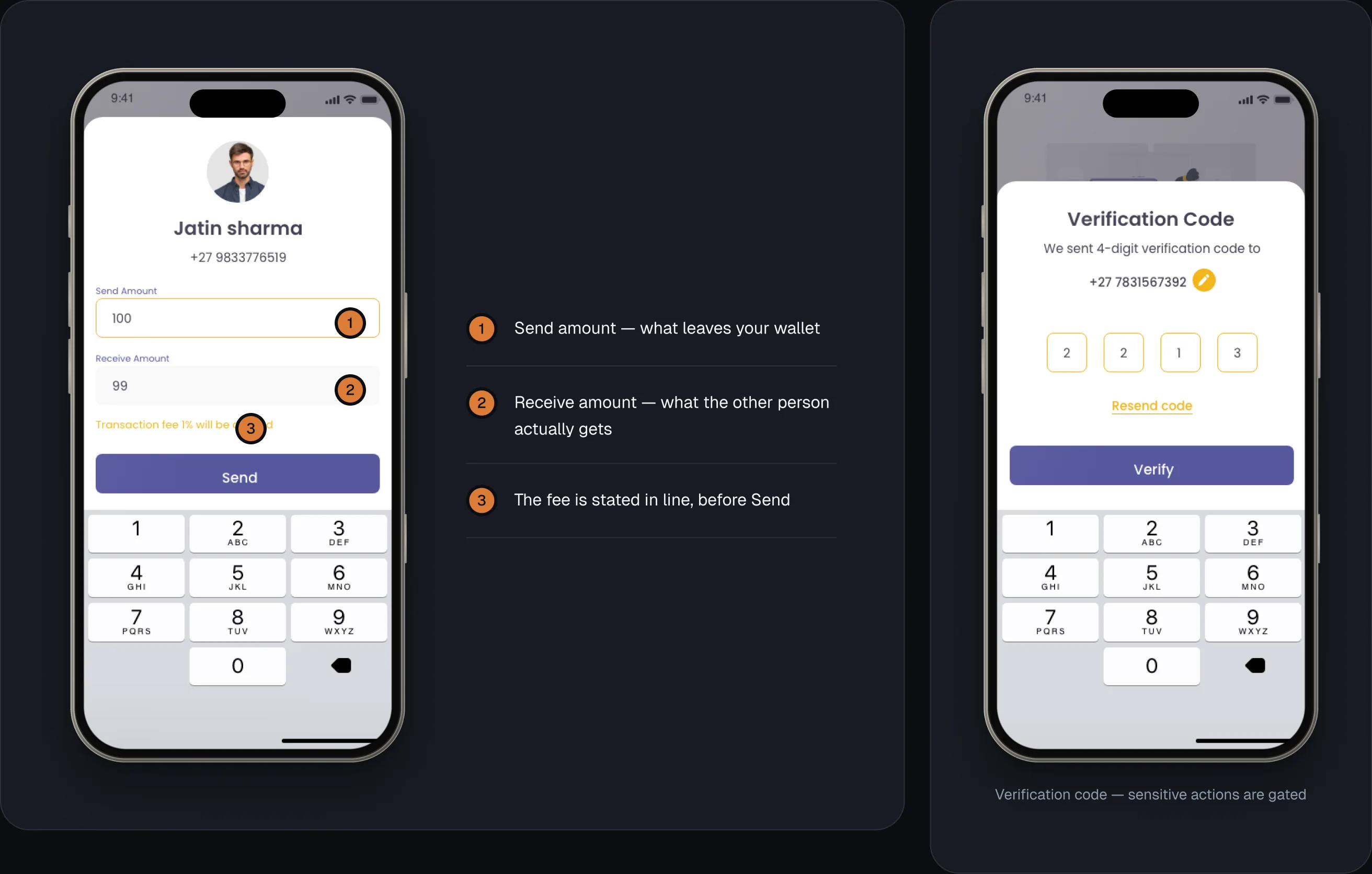 Send money screen showing the 1% fee and the amount the receiver gets before Send.