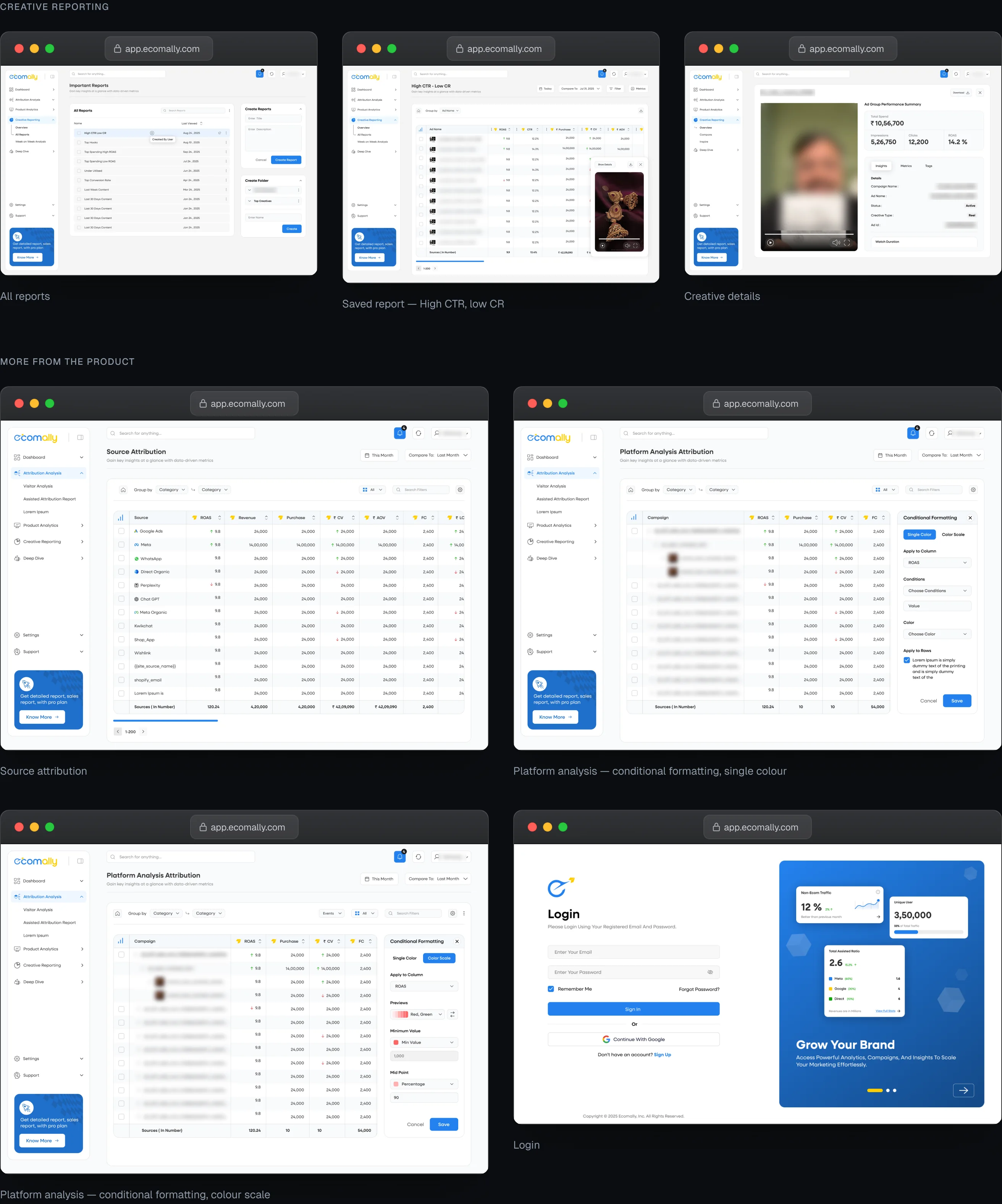 More Ecomally screens, including the customer journey and product performance views.