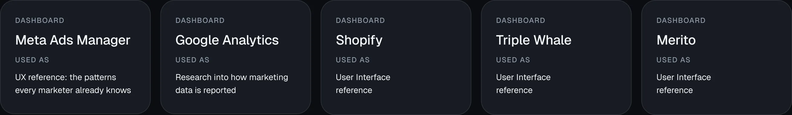 Reference dashboards: Meta Ads Manager, Google Analytics, Shopify, Triple Whale and Merito.