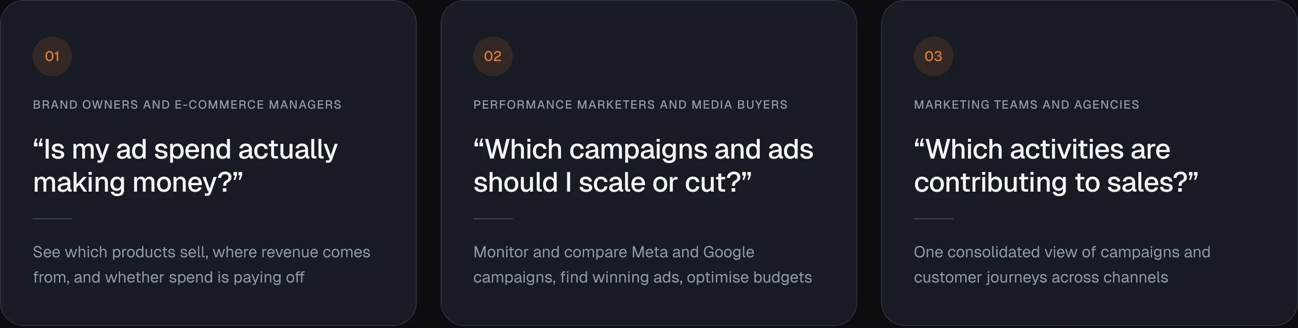 Three user types: brand owners and e-commerce managers, performance marketers and media buyers, marketing teams and agencies.
