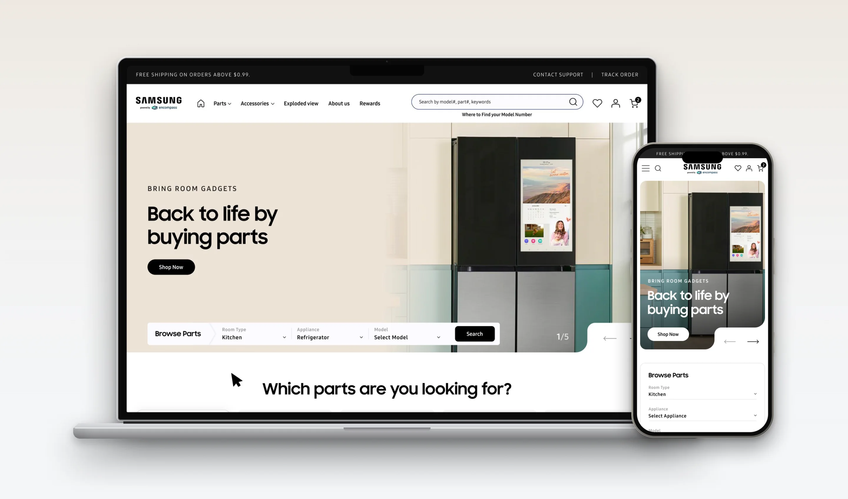 The Samsung Parts USA homepage on a laptop and a phone.