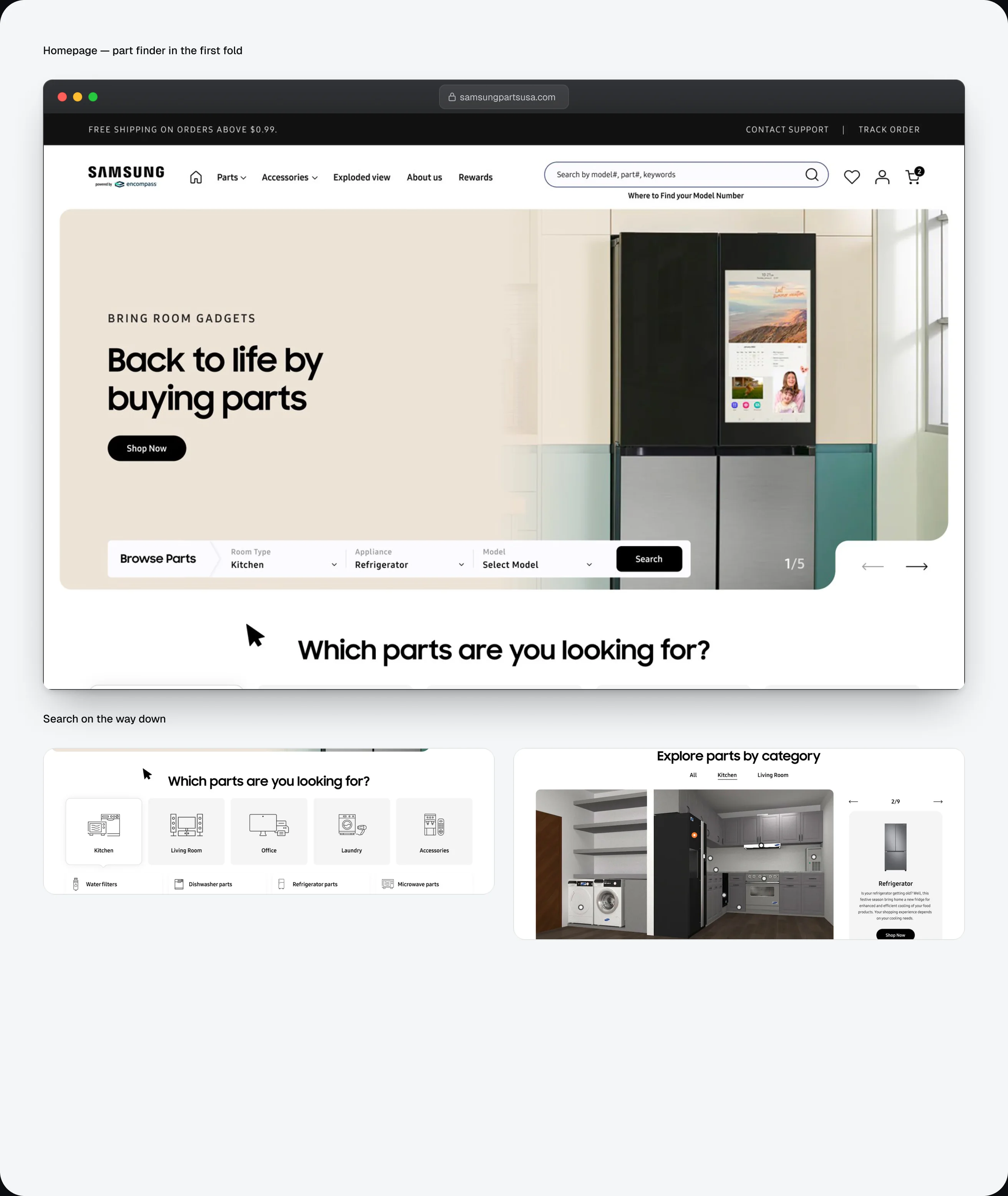 The part finder and the search entry points through the homepage.