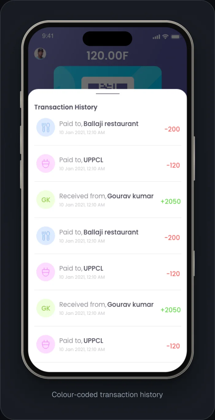 Payment successful screen and colour-coded transaction history.