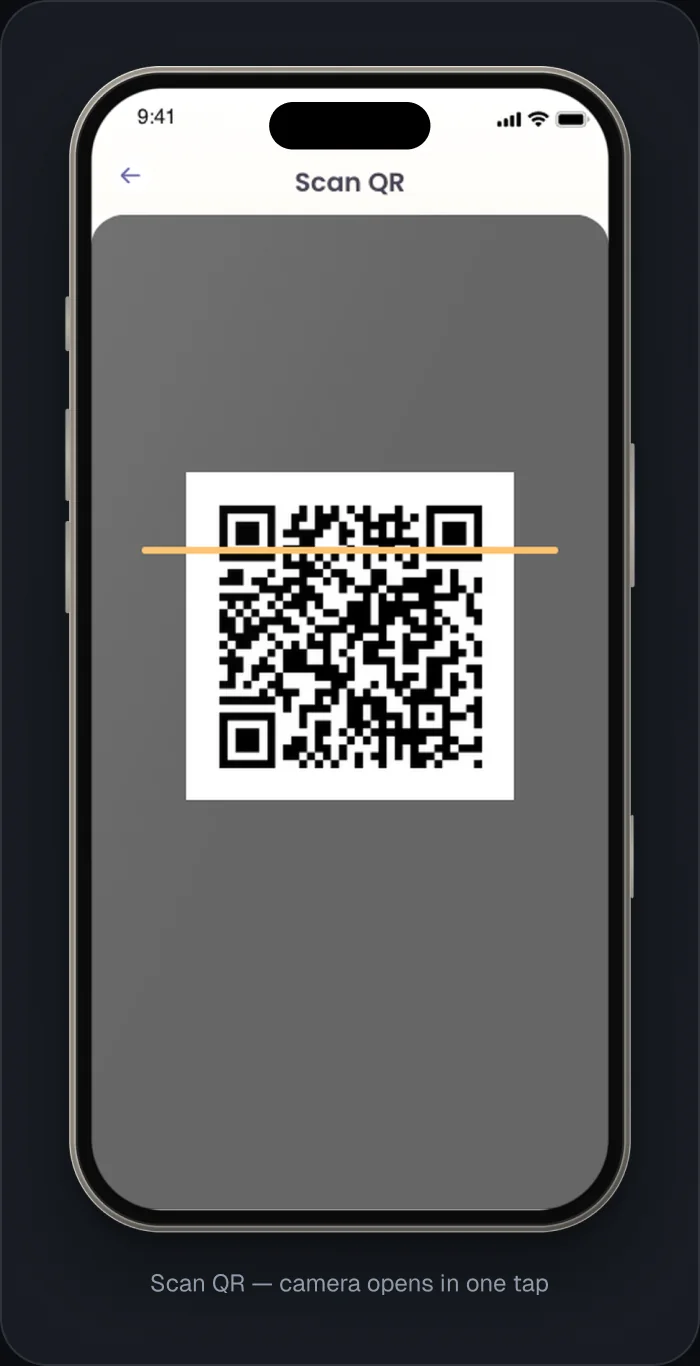 Home screen with the floating Scan QR button, and the camera that opens in one tap.