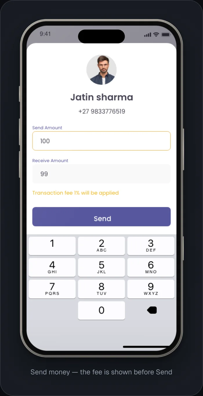 Send money screen showing the 1% fee and the amount the receiver gets before Send.