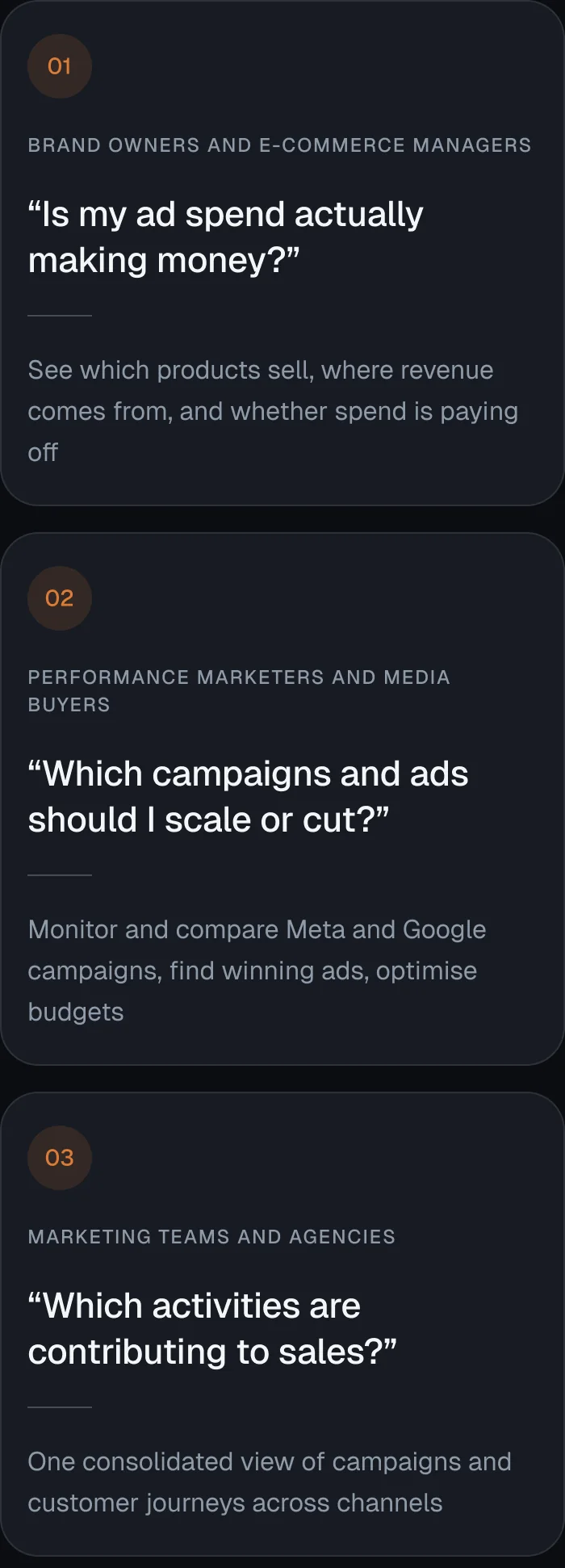 Three user types: brand owners and e-commerce managers, performance marketers and media buyers, marketing teams and agencies.