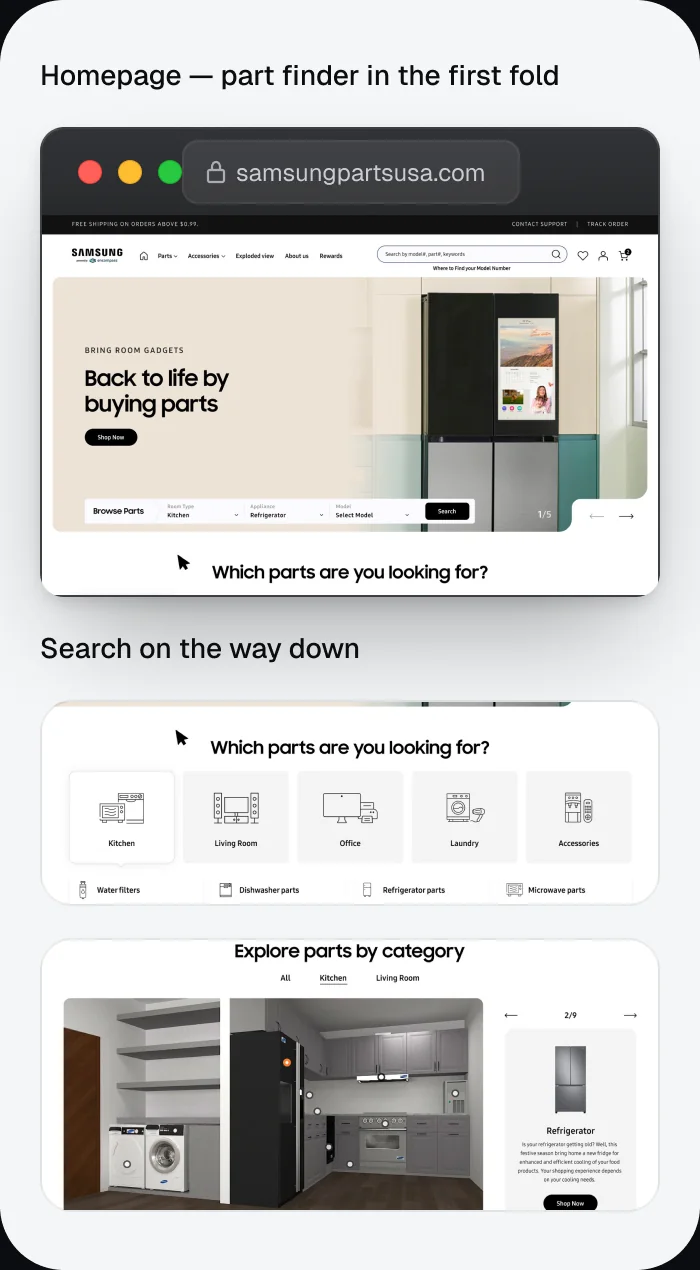 The part finder and the search entry points through the homepage.