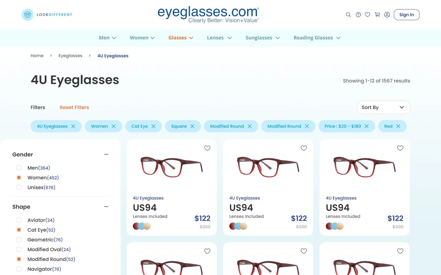 eyeglasses.com — Product listing + side panel