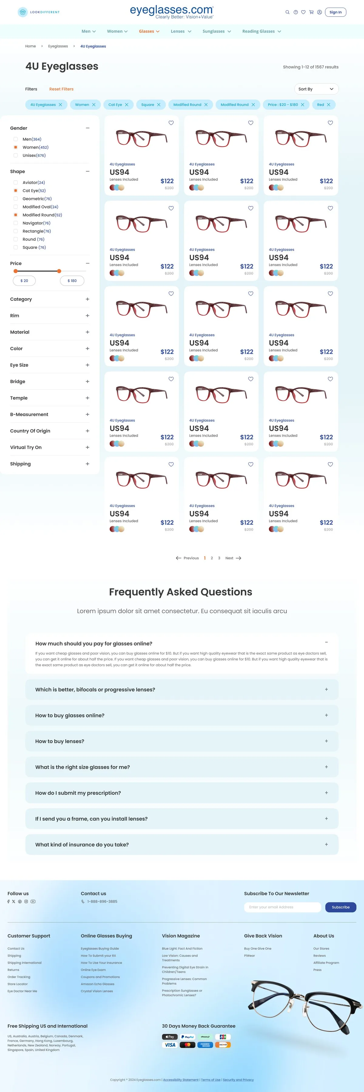 eyeglasses.com — Product listing + side panel, full page