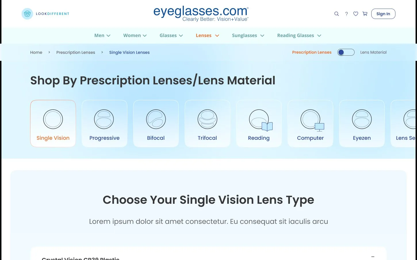 eyeglasses.com — Lens material