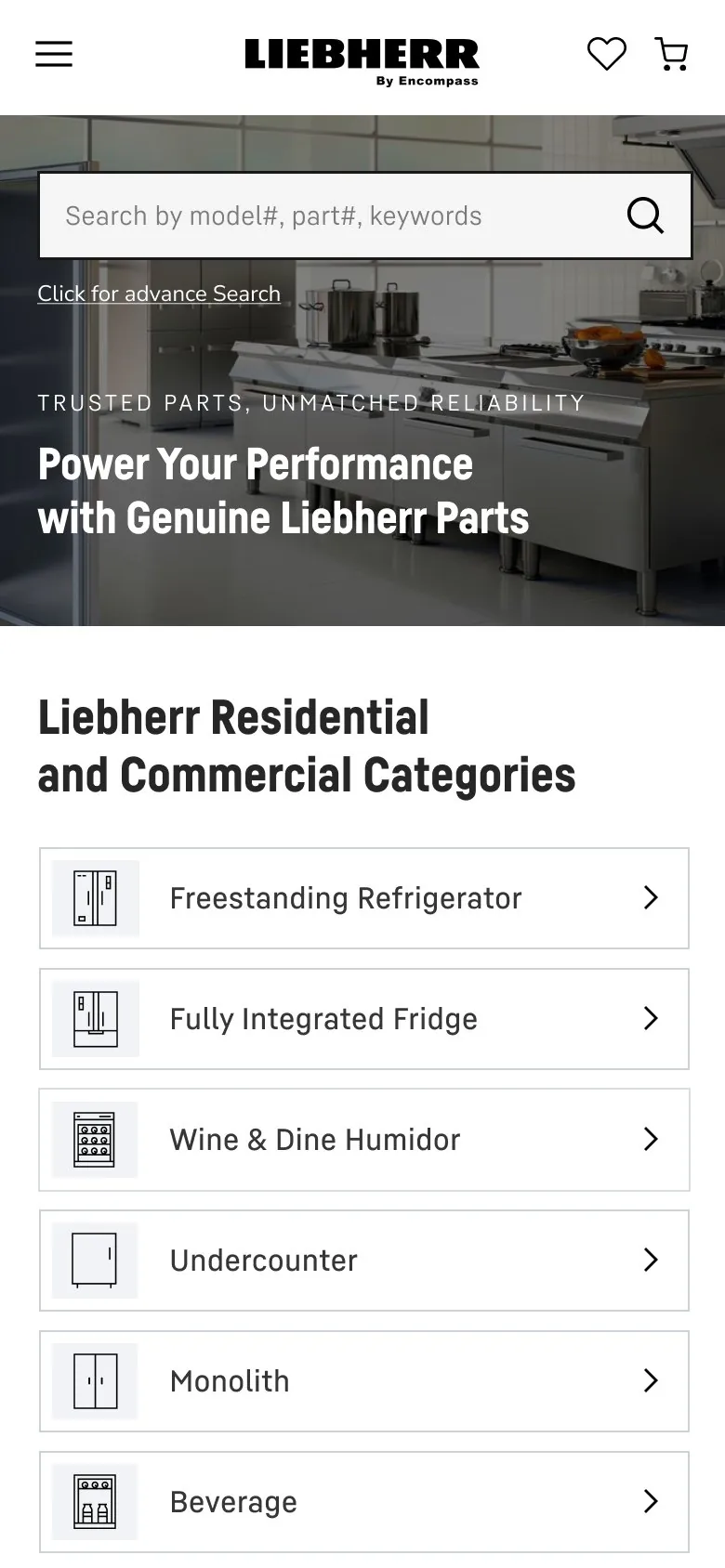 Liebherr Parts — Homepage · mobile