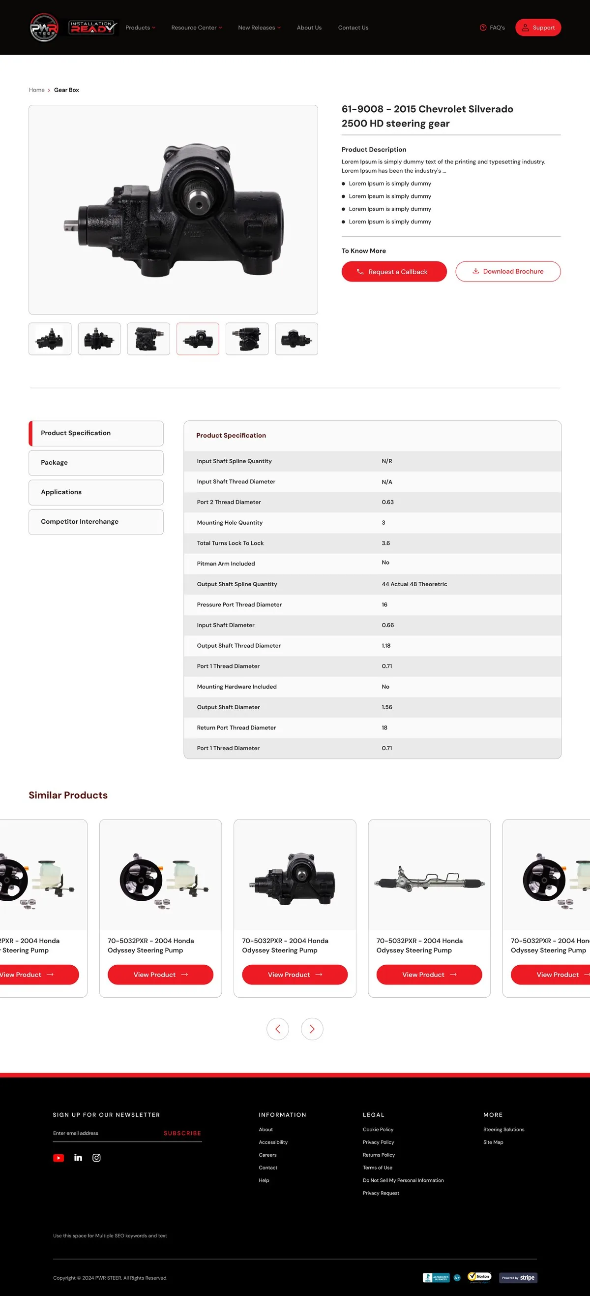 PWR Steer — Product page · steering gear, full page