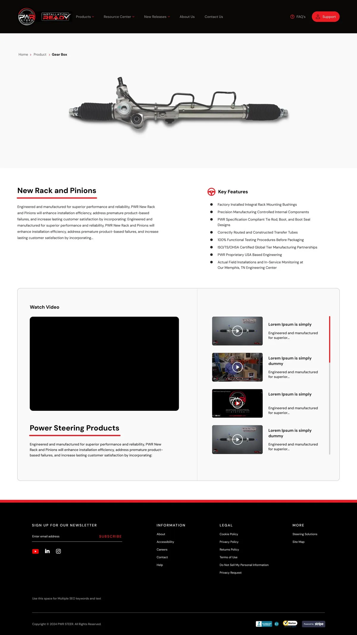 PWR Steer — Product page · rack & pinion, full page