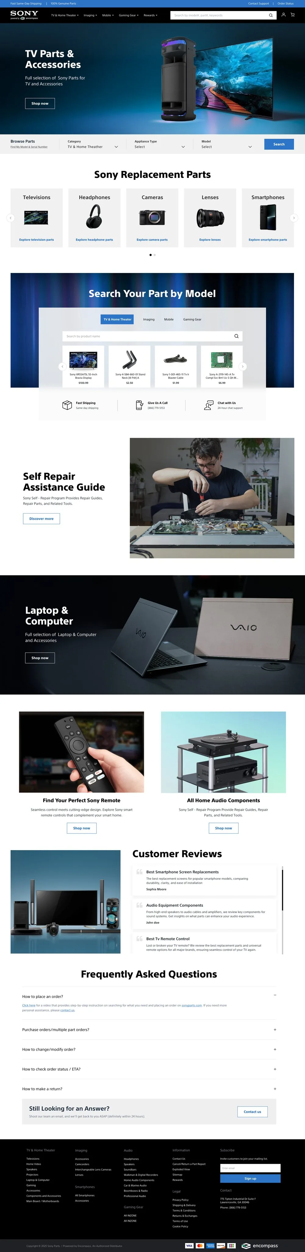 Sony Parts — Homepage, full page