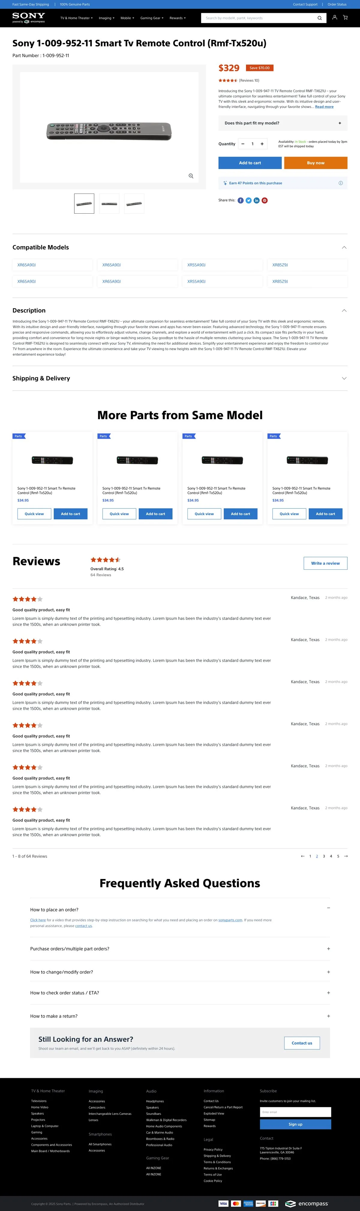 Sony Parts — Product page, full page