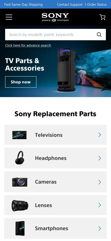 Sony Parts — Homepage · mobile