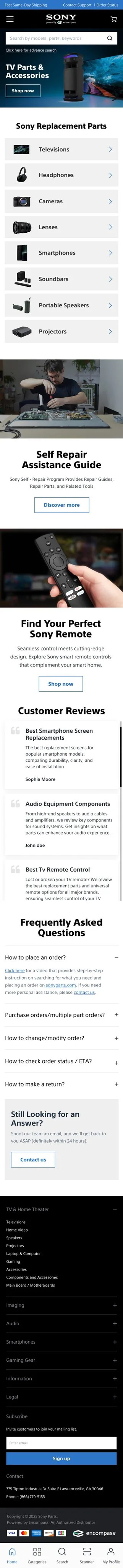 Sony Parts — Homepage · mobile, full page